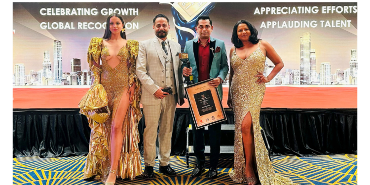 Sk Monoar Nahid receiving the Golden Brick Award 2025 in Dubai for excellence in television campaign